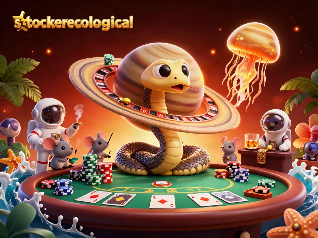 Bet on stoeckerecological: immerse in cosmic gambling with Saturn's roulette wheel and animated characters.