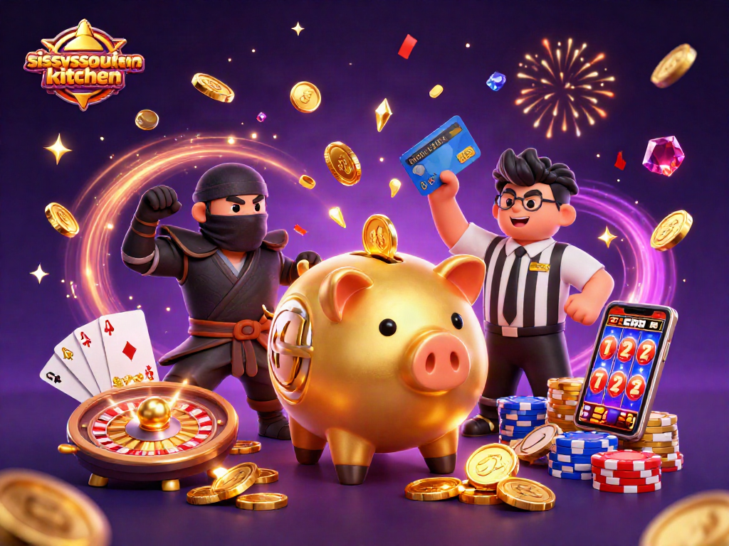 Join the exciting slots action at sissyssouthernkitchen with a dynamic 3D scene of vibrant casino characters.