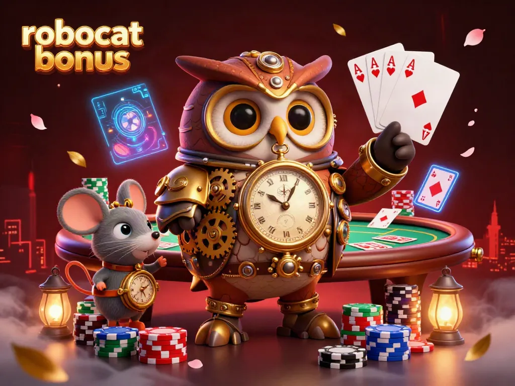 Experience the excitement of the robocat bonus casino rewards with vibrant steampunk owl and mouse at a poker table.