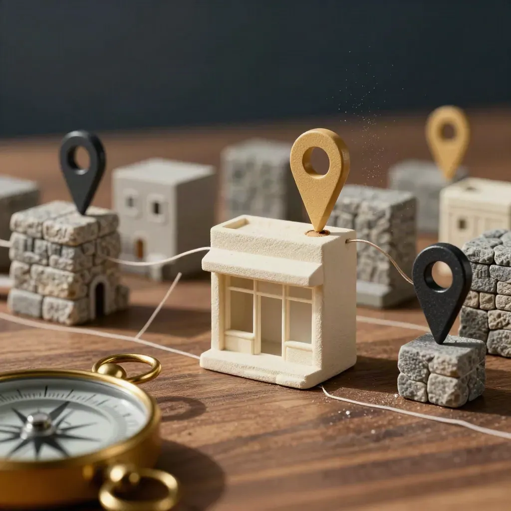 Miniatura urbana con pines de ubicación y ruta SEO local en movimiento.