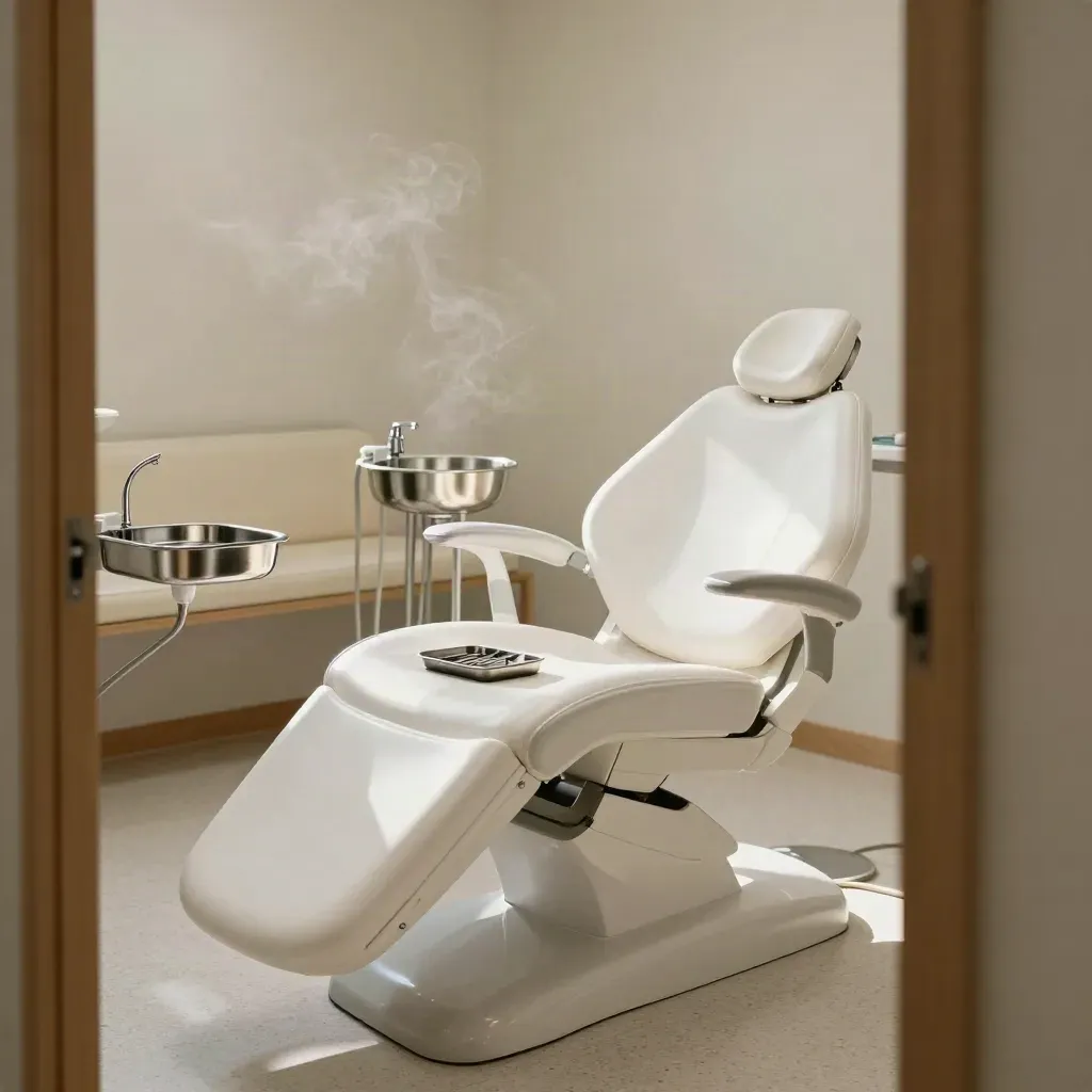 Clínica dental vacía con sillón impecable, bandeja esterilizada y lavamanos de acero, lista para abrir.