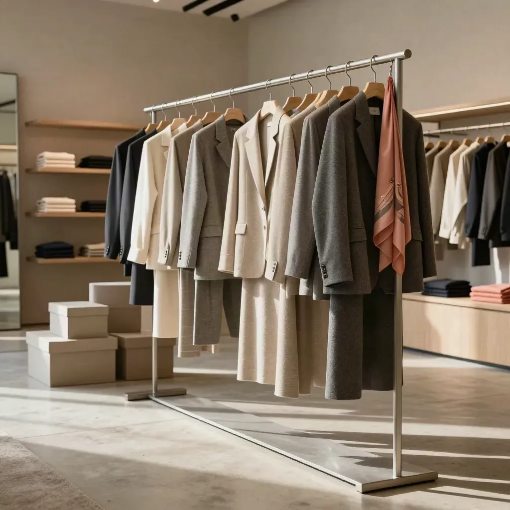 Boutique de moda vacía con perchero, espejo escultórico, cajas y maniquíes en luz cálida.