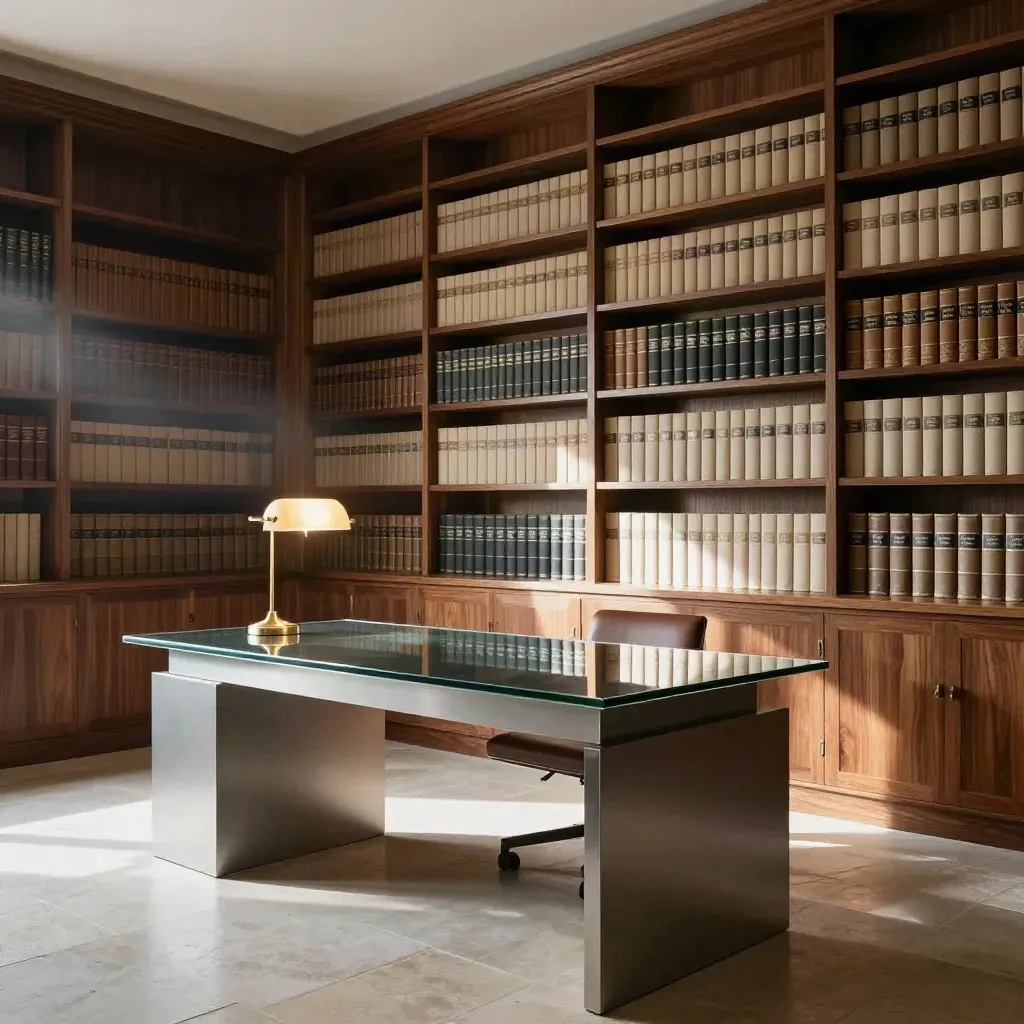 Despacho elegante con librería de madera, lámpara de latón y escritorio de cristal vacío.