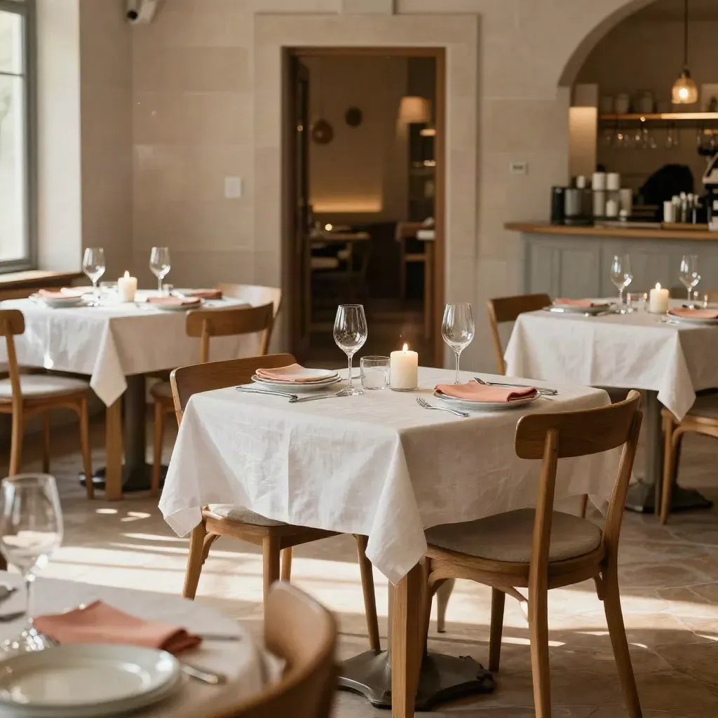Restaurante vacío al abrir, mesas vestidas y luz cálida hacia la puerta.