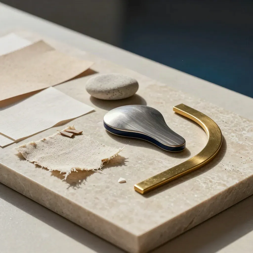 Kit de estrategia sobre travertino con muestras, piedra lisa y pieza de marca abstracta.