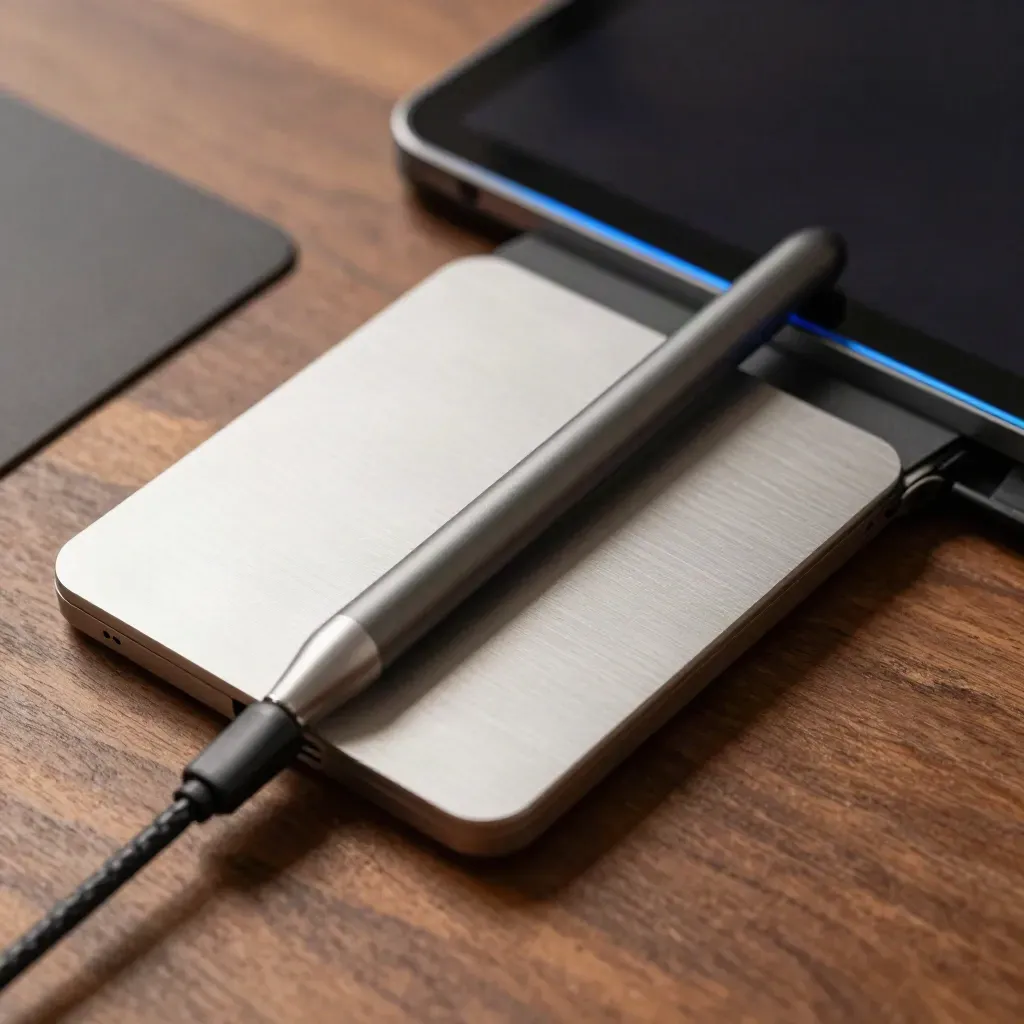 Mesa de diseño web con trackpad, stylus, tableta y cable trenzado bajo luz dramática.