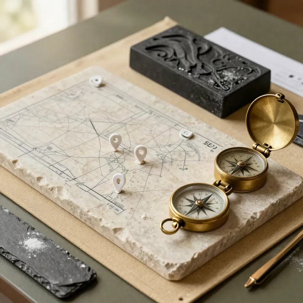 Kit SEO en piedra con pines y dial de orientación sobre khaki y oliva.