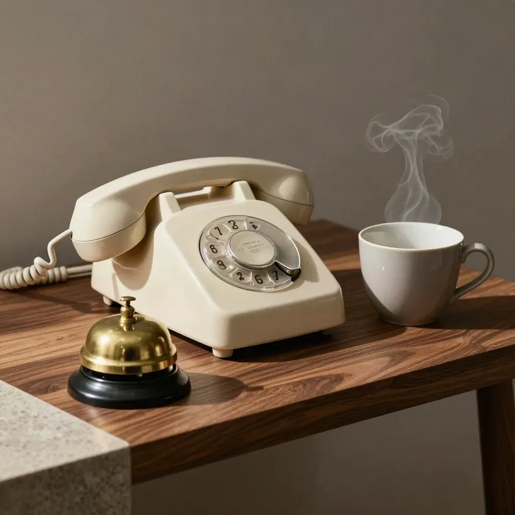 Teléfono fijo, campanilla de latón y taza mate sobre repisa oscura, luz suave lateral.
