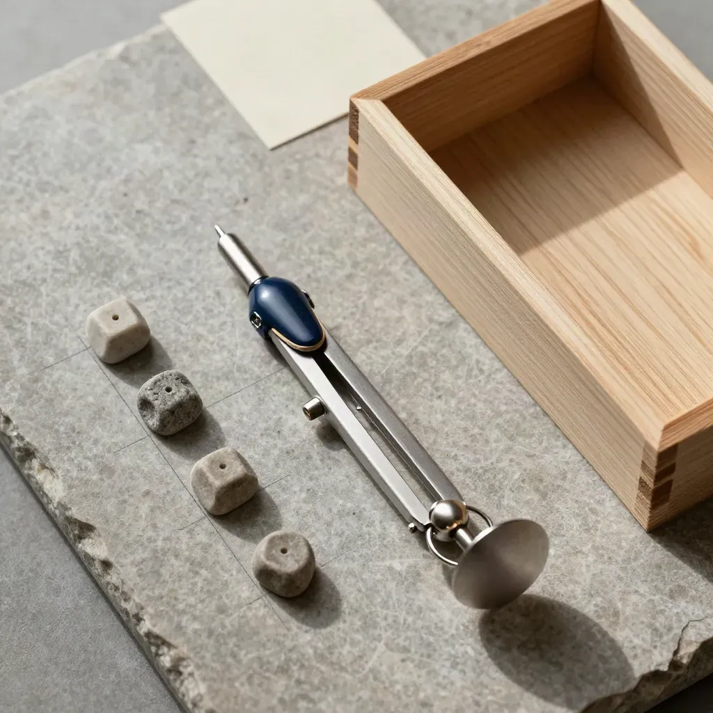 Compás metálico, marcadores de piedra y caja de madera sobre losa clara, vista cenital limpia.