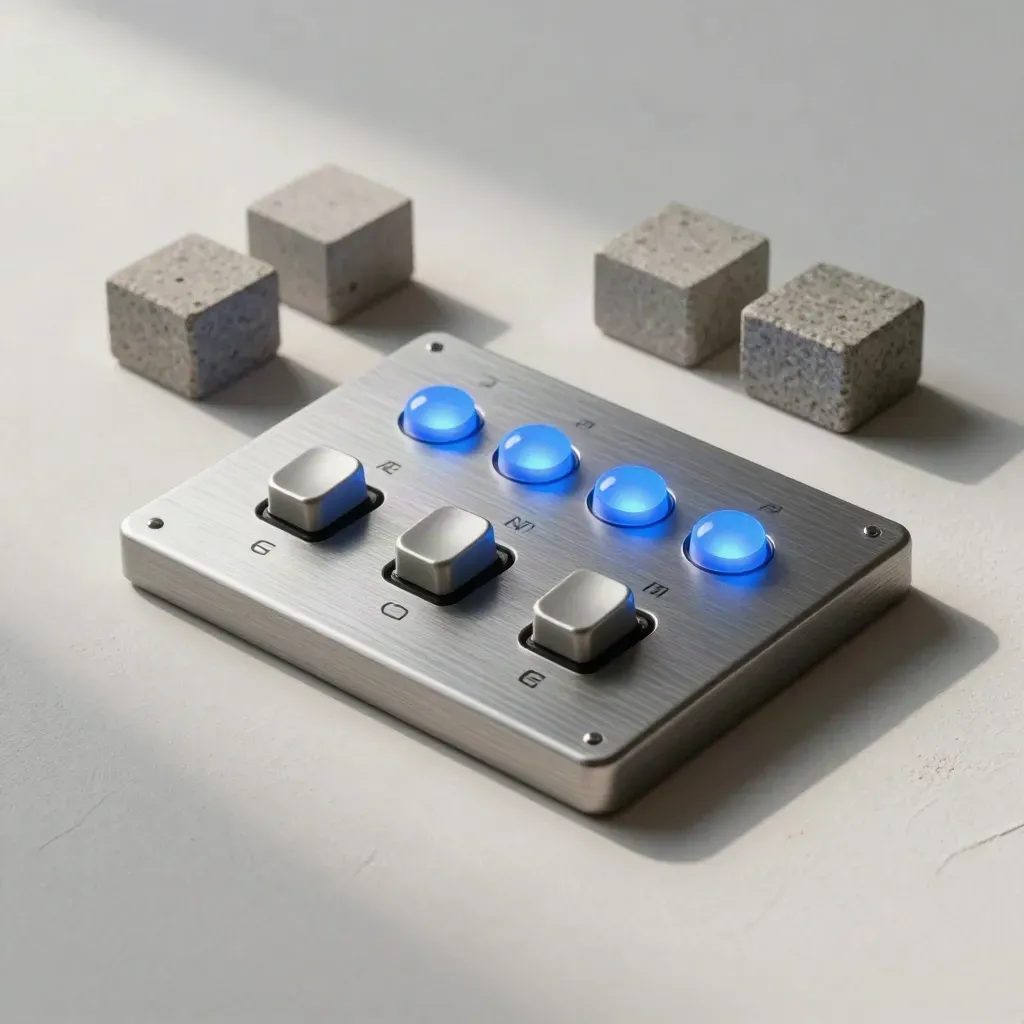 Panel de conmutadores con luces azules y bloques de calibración sobre fondo claro.
