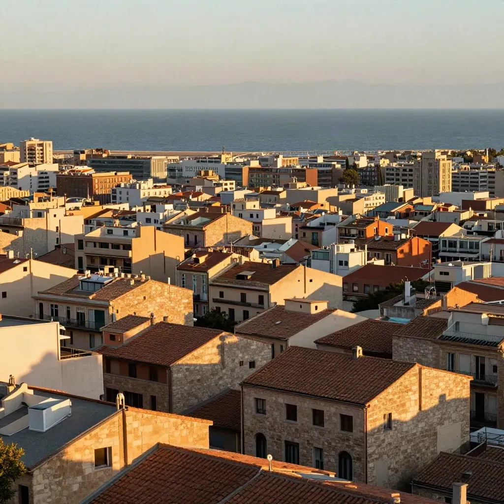 Vista dorada de Barcelona con el Eixample, tejados y el mar al fondo.