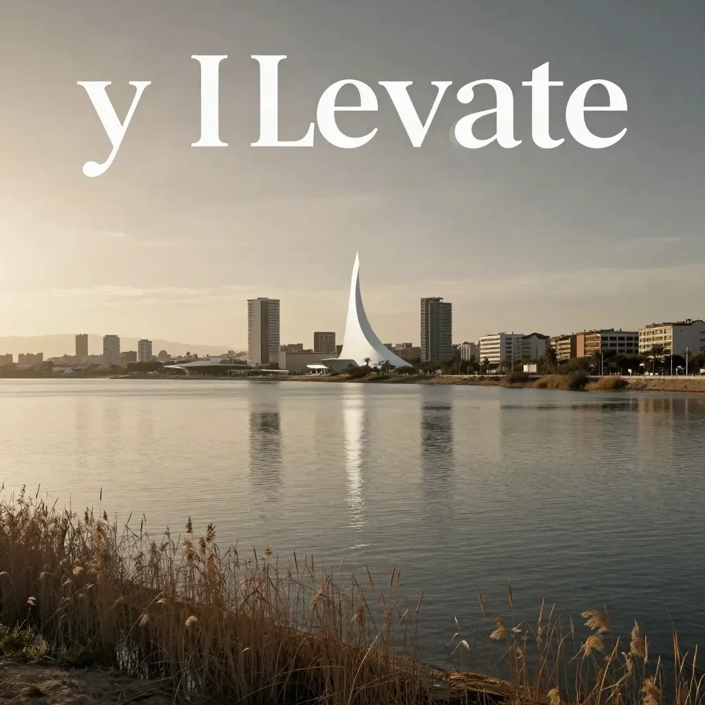 Lámina de agua serena y skyline moderno de Valencia bajo cielo húmedo y luz cálida