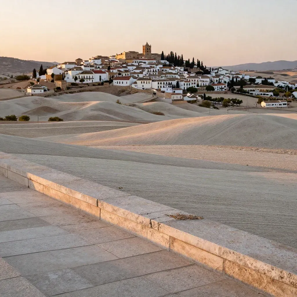 Paisaje andaluz con colinas claras, tejados bajos y ciudad antigua bañada por luz cálida.