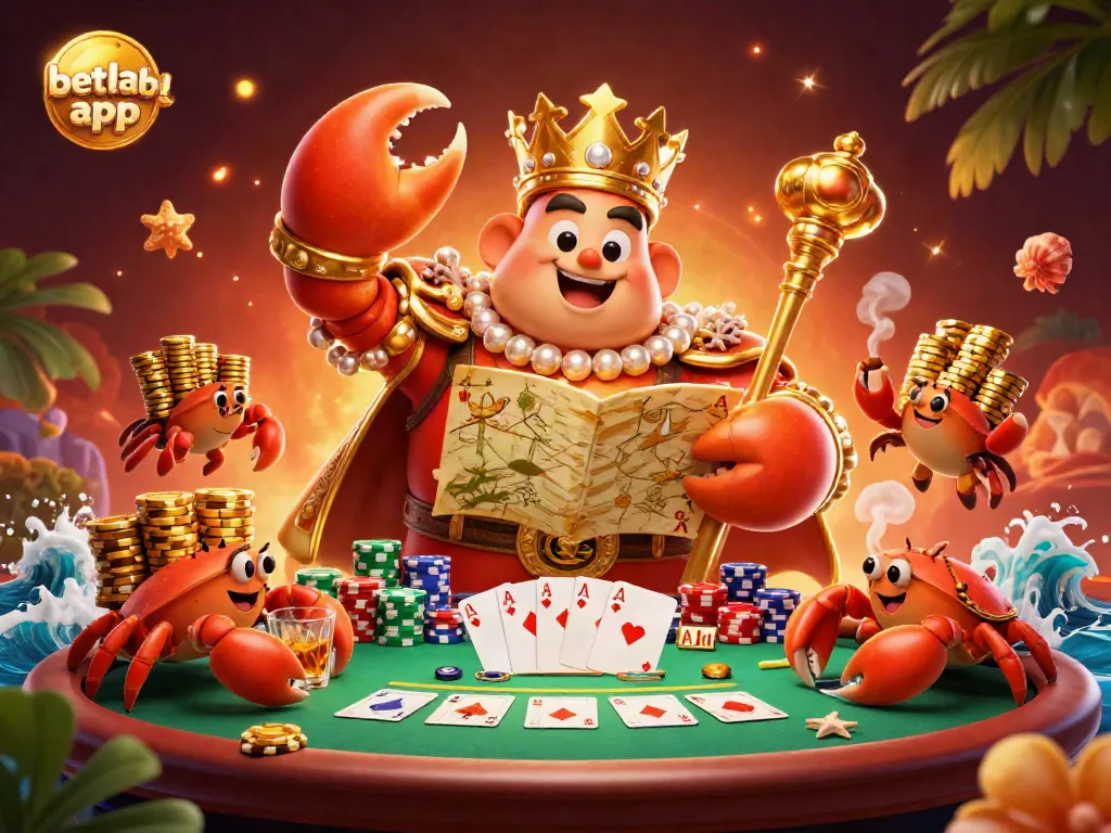 Experience the excitement of the betlabel app with a vibrant 3D casino scene featuring a golden crab emperor and poker tables.