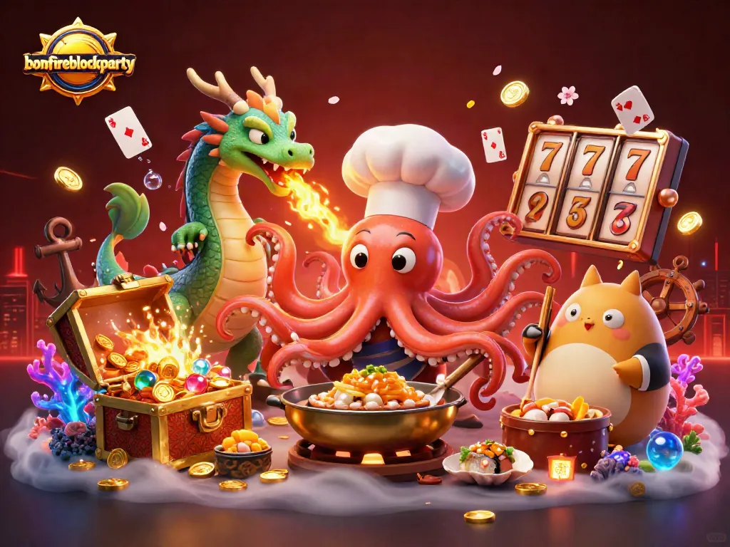 Engage in casino excitement at bonfireblockparty with dynamic 3D illustration featuring vibrant gaming elements.